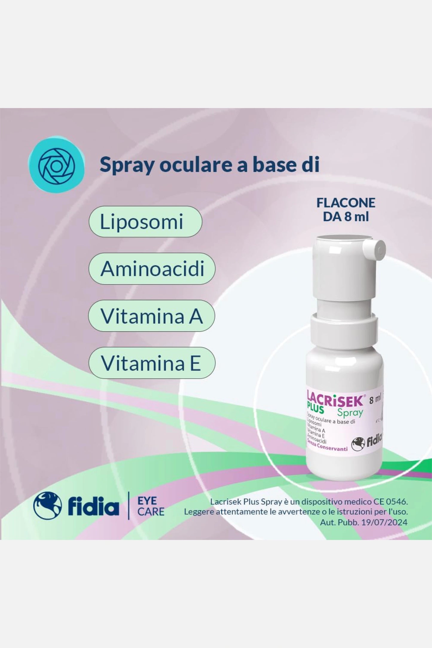 Lacrisek Plus Spray: soluzione con liposomi, vitamina A e E per occhio secco e blefarite. Senza conservanti, utilizzabile con make-up. 8ml.