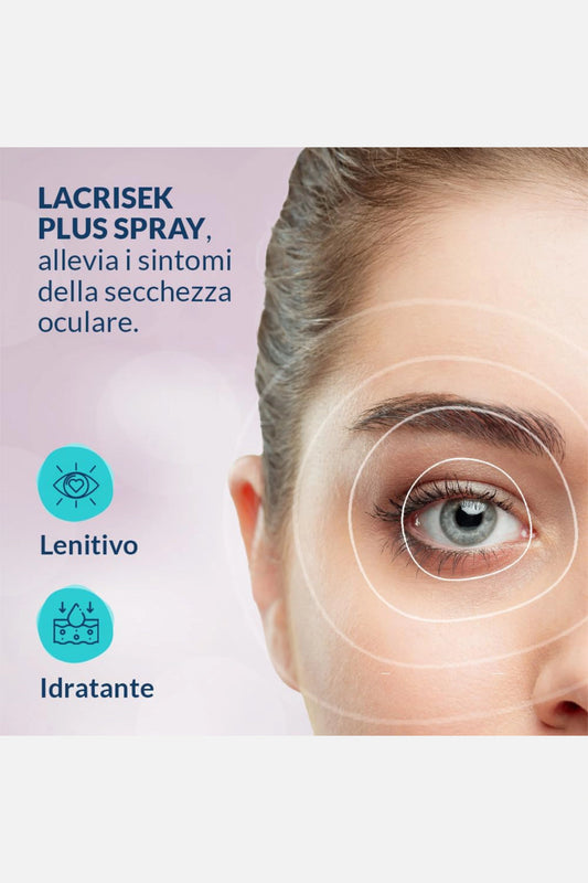 Lacrisek Plus Spray: soluzione con liposomi, vitamina A e E per occhio secco e blefarite. Senza conservanti, utilizzabile con make-up. 8ml.
