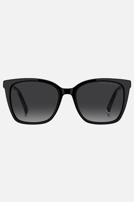 Occhiali da sole Tommy Hilfiger TH 2206/S 8079O, montatura nera lucida con lenti grigio sfumato.