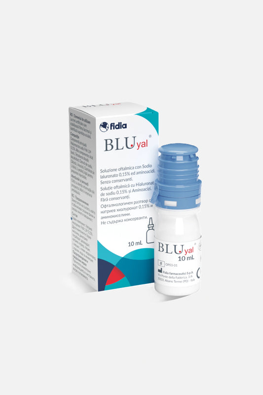 BLUyal: soluzione oftalmica con acido ialuronico 0,15% per occhio secco lieve e moderato. Senza conservanti, compatibile con lenti a contatto. 10ml.