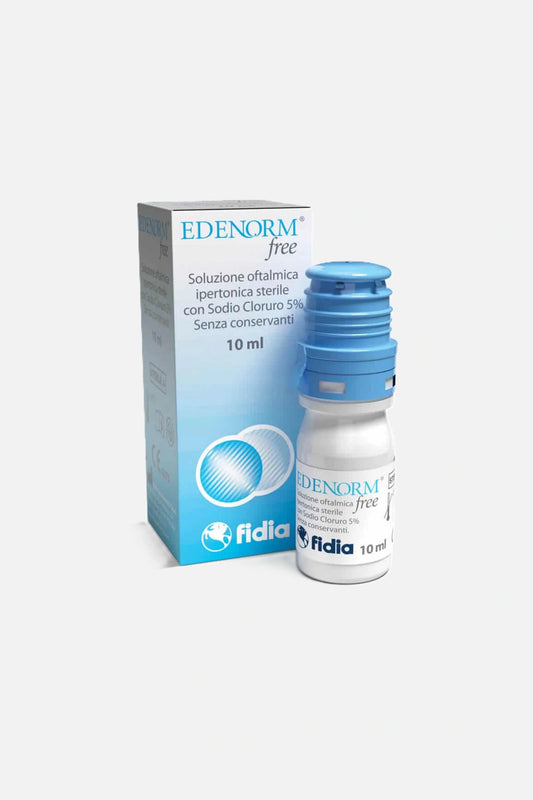 Edenorm Free è una soluzione oftalmica ipertonica con Sodio Cloruro 5% per il trattamento dell'edema corneale. Senza conservanti, 10ml.