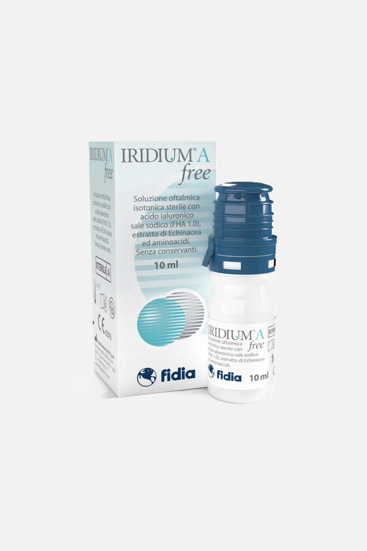 Iridium A Free: soluzione oftalmica con acido ialuronico 0,15% ed Echinacea per idratazione e lubrificazione oculare. Senza conservanti. 10ml.