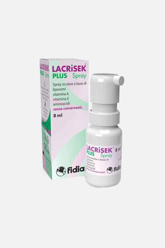 Lacrisek Plus Spray: soluzione con liposomi, vitamina A e E per occhio secco e blefarite. Senza conservanti, utilizzabile con make-up. 8ml.