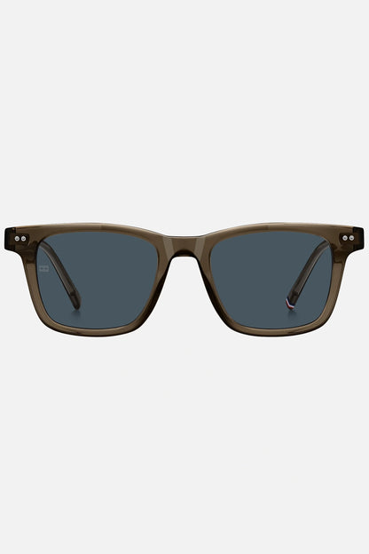Occhiali da sole Tommy Hilfiger TH 2127/S 09QKU, montatura marrone con lenti blu.