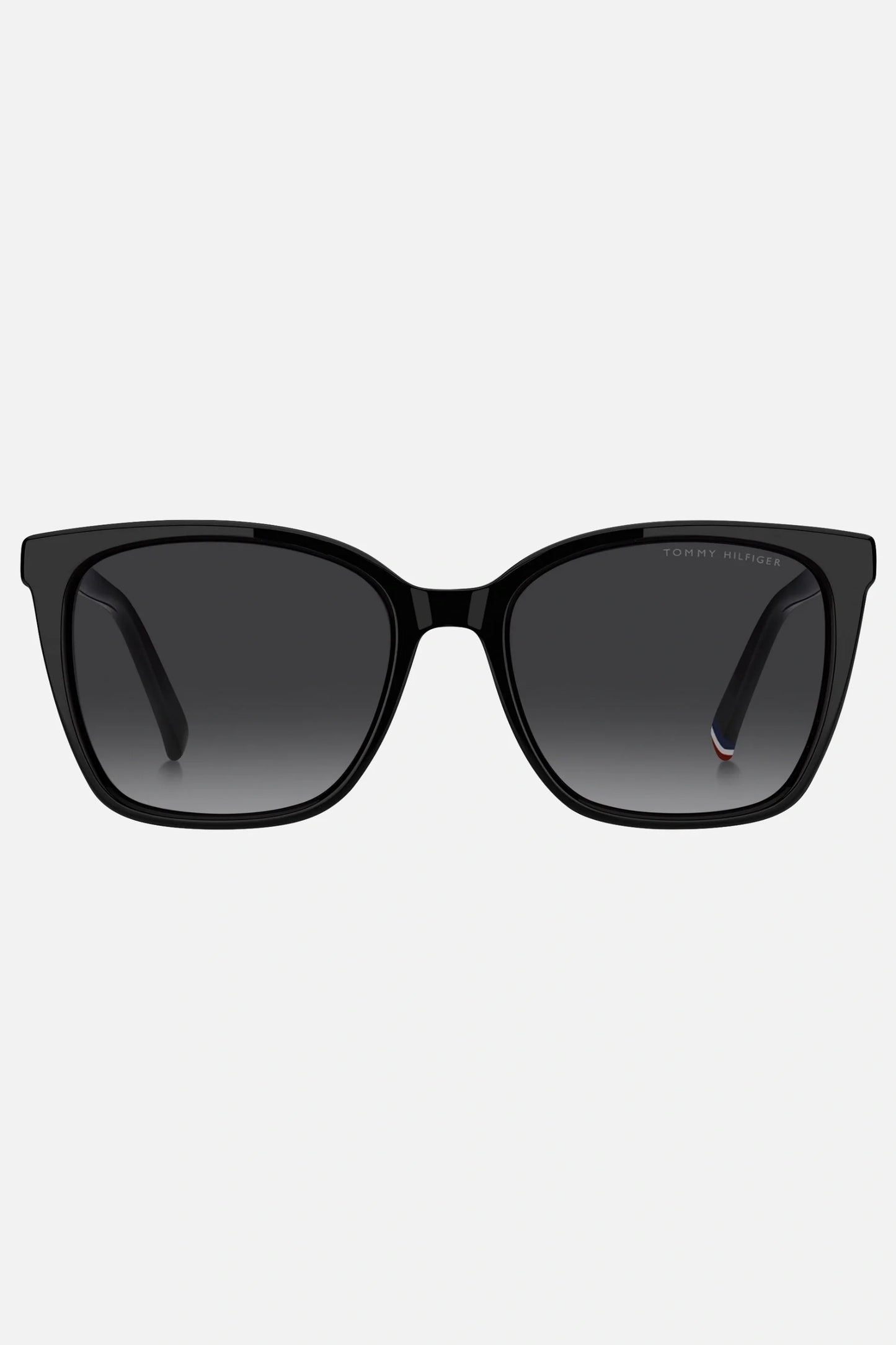 Occhiali da sole Tommy Hilfiger TH 2206/S 8079O, montatura nera lucida con lenti grigio sfumato.