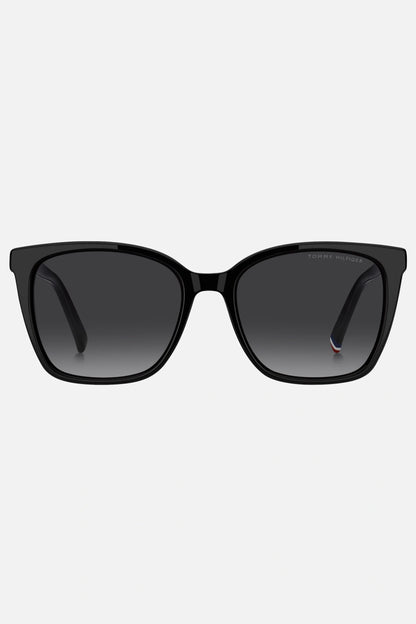 Occhiali da sole Tommy Hilfiger TH 2206/S 8079O, montatura nera lucida con lenti grigio sfumato.