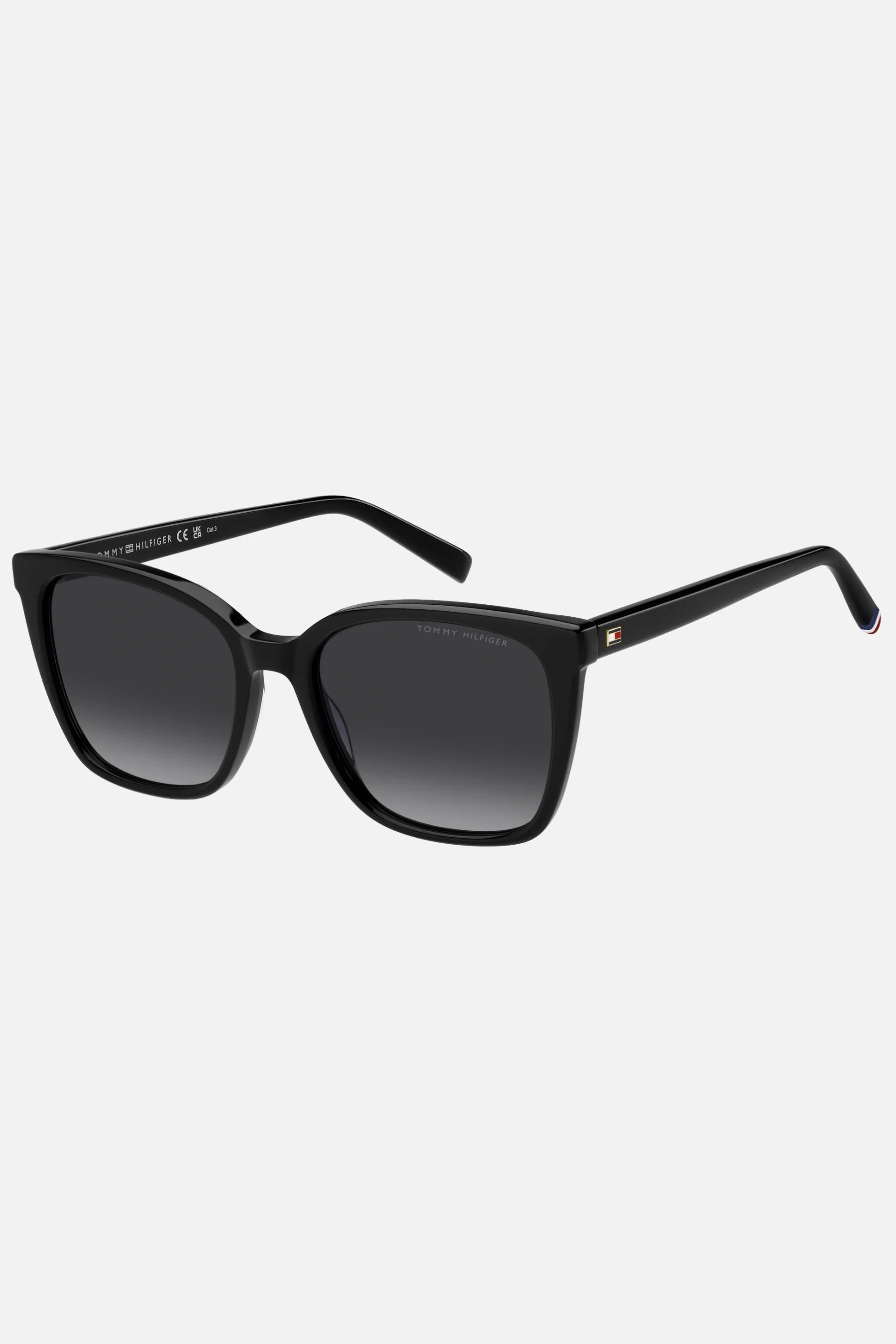 Occhiali da sole Tommy Hilfiger TH 2206/S 8079O, montatura nera lucida con lenti grigio sfumato.