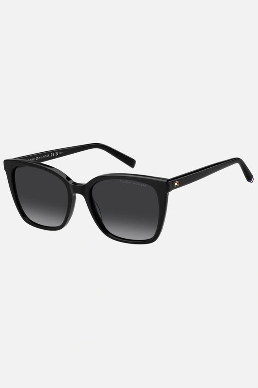 Occhiali da sole Tommy Hilfiger TH 2206/S 8079O, montatura nera lucida con lenti grigio sfumato.