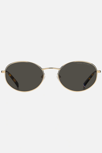 Occhiali da sole Tommy Hilfiger TH 2219/S 000IR, montatura oro lucido con lenti grigio scuro.