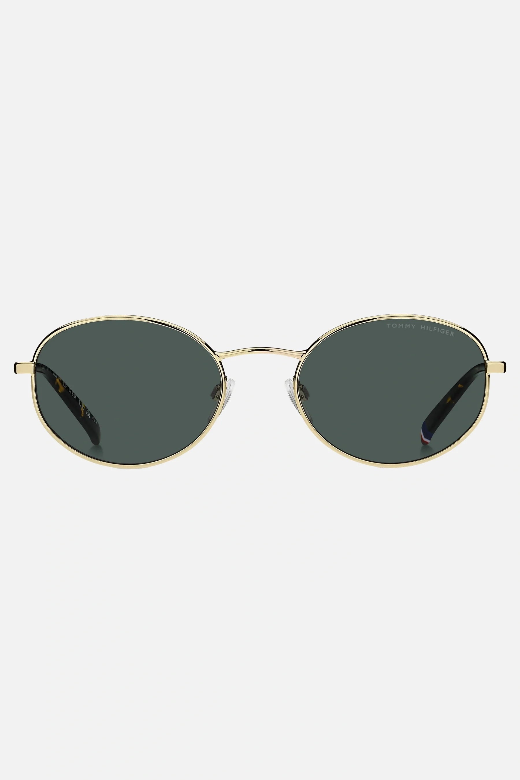 Occhiali da sole Tommy Hilfiger TH 2219/S J5GQT, montatura oro con lenti verdi.