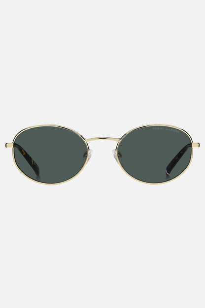 Occhiali da sole Tommy Hilfiger TH 2219/S J5GQT, montatura oro con lenti verdi.