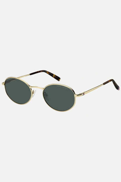 Occhiali da sole Tommy Hilfiger TH 2219/S J5GQT, montatura oro con lenti verdi.