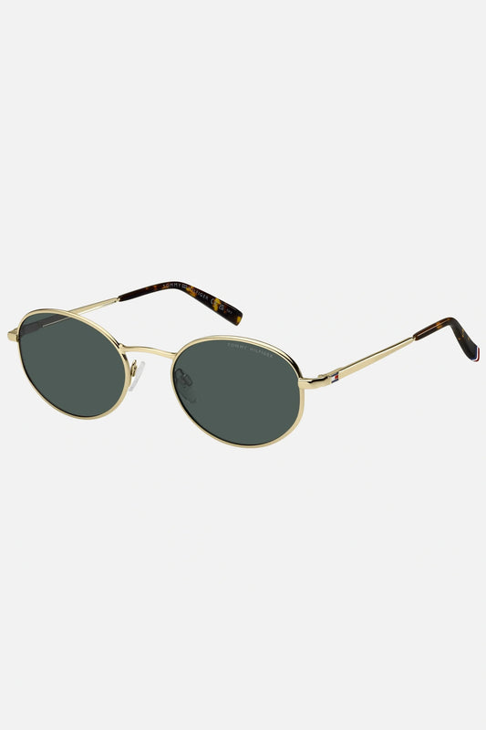 Occhiali da sole Tommy Hilfiger TH 2219/S J5GQT, montatura oro con lenti verdi.